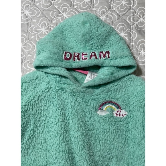 Girl’s Betsey Johnson Teal Sherpa Hooded Pullover Sweater Sweatshirt Size XS - Picture 3 of 6